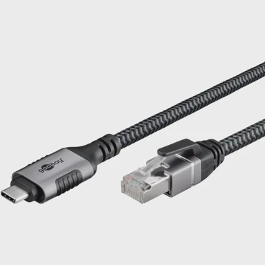 GOOBAY LAN adapter USB-C 3.2 Gen2 na RJ-45, Ethernet kabel, 7,5 m, pletena tekstilna ovojnica, crno/srebrna