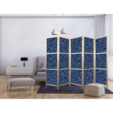 Japanski paravan Gusto raslinje, botanički uzorci u ilustrativnom stilu, plavo, 225x172 cm