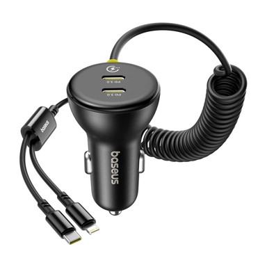 BASEUS Punjač za mobitel za auto, 60W, USB-C, Lightning kabel, crni
