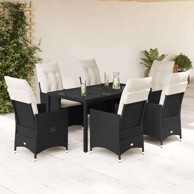Vrtna garnitura, 7-dijelni vrtni blagovaonski set s jastucima, 150 x 90 x 75 cm, crna