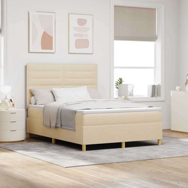 LED box spring krevet s madracem 140 x 200 cm tkanina, dizajn linija, krema