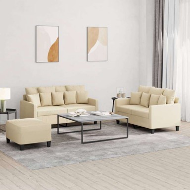 3-dijelni set sofa, s jastucima, od tkanine, s jastučićima i tabureom, krema