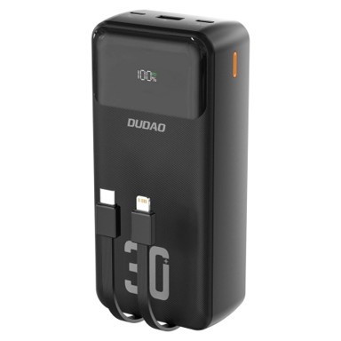 DUDAO Powerbank K15MAX, 30. 000 mAh, USB / USB-C / Lightning + kabeli 22,5W, crno