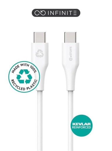 ESTUFF INFINITE USB-C na USB-C kabel, snaga 60 W, brzina 480 Mbps, duljina 1 m, reciklirana plastika, bijela