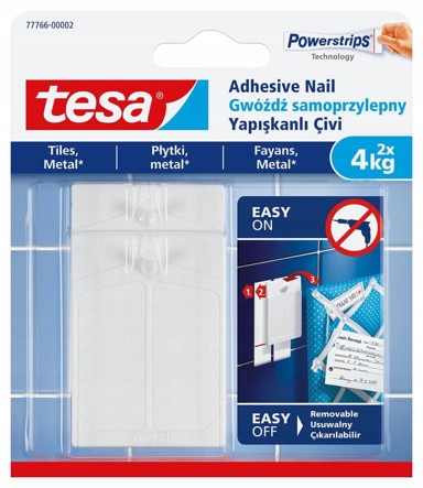 TESA Samoljepljiva kuka za zid do 4 kg za pločice, metal, bijela, 2 kom.