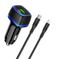 BOROFONE Auto punjač BZ14A Mercury, crni, USB + Type C, QC 3.0, PD 20W, 3A, sa Type C na Lighting kabelom
