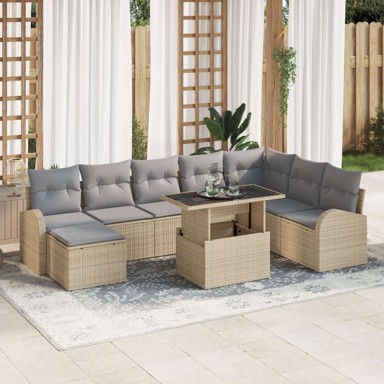 9 dijelni vrtni set sofa s jastučićima, poliratan, bež