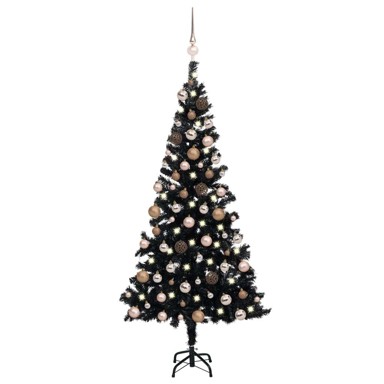 Božićno drvce umjetno osvijetljeno s kuglicama 180 cm - crno PVC, crno/ružičasto, 180 x 93 cm