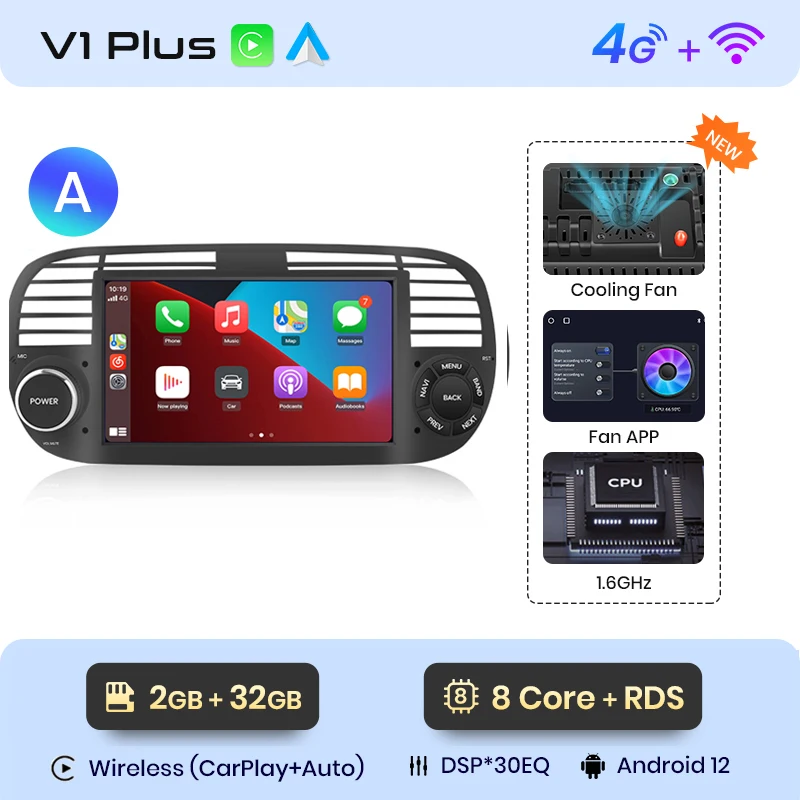 Autoradio Android 9 Pollici Per Fiat 500/500C 2007-2015 – 2+32GB, CarPlay Wireless, GPS E WiFi, Comandi Al Volante
