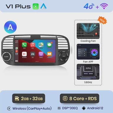 Auto radio za FIAT 500 500c 2007, 2015, multimedijalna GPS navigacija, Android 12, V1PLus, 2GB, 32GB