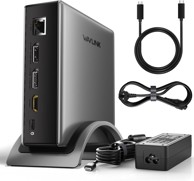 USB-C priključna stanica za 3 monitora, 2 x DP i HDMI, 4K@144Hz, 140 W punjač, USB-C 10 Gbps, USB-A, gigabitni Ethernet, audio