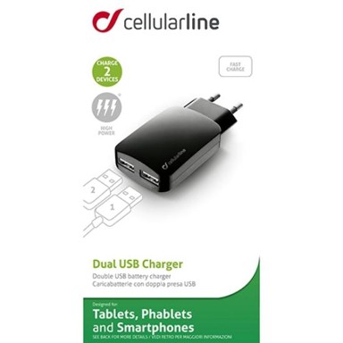 CELLULARLINE Kućni punjač, 2x USB, 3A, crni