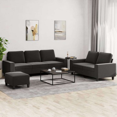 Set sofa 3-dijelni s jastucima i tabureom, tkanina, crni