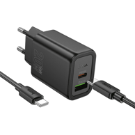 HOCO Punjač N61, USB-A i Type-C, Type-C na Type-C kabel, PD, 20 W, crna