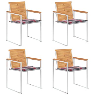 Vrtne stolice s jastucima 4 kom od masivne tikovine, crveni karirani uzorak  