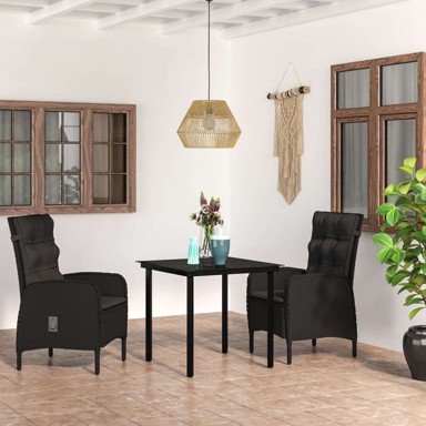 3 dijelni vrtni blagovaonski set s jastucima crni, dužina stola 80 cm