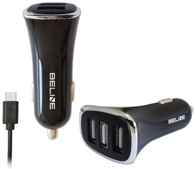 BELINE Auto punjač, 3xUSB-A + kabel USB-C, crni