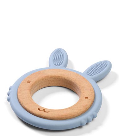 BABYONO Silikonsko drvena grickalica za zube, zeko plava