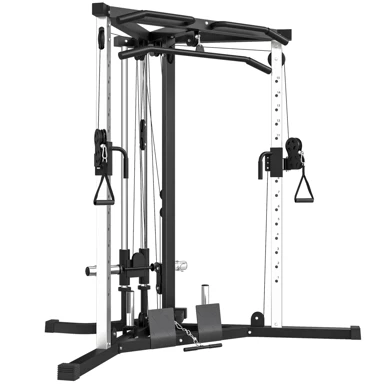 Fitness stanica s lat pulldownom, dvostrukim koturama i šipkom za zgibove, 170 x 139 x 200 cm, do 120 kg, crna