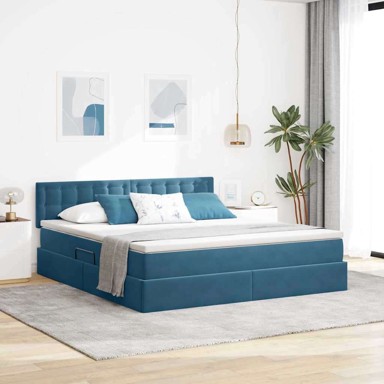 Krevet s LED lampicom i pohranom 160 x 200 cm baršun, tamnoplavi