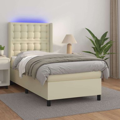 Box spring krevet s madracem LED, 80 x 200 cm, umjetna koža, krem, s gumbima