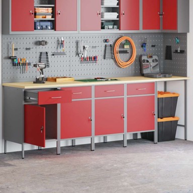 Set radnih ormarića i kutnog stola 5 kom od drva, crveni