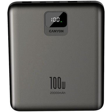CANYON Mobilni USB punjač, PB-2008 LED Flat, 20000mAh, PD 100W, QC3.0, 2x USB-A, 2x USB-C, sivi