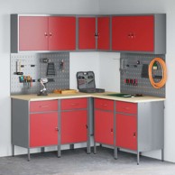 Set radnih ormarića s ladicama i pohranom (set 12 kom), 255 x 55 x 220 cm, crvena i siva