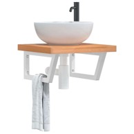 Zidna polica za lavabo – umivaonik, čelik i masivna bukovina, 50 x 50 x 4 cm, tamno smeđa i bijela, trapezna