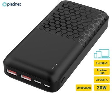 PLATINET Powerbank PMPB20OP18B, 20. 000 mAh, QC 3. 0, PD 3. 0, USB-A, USB-C, microUSB, crni