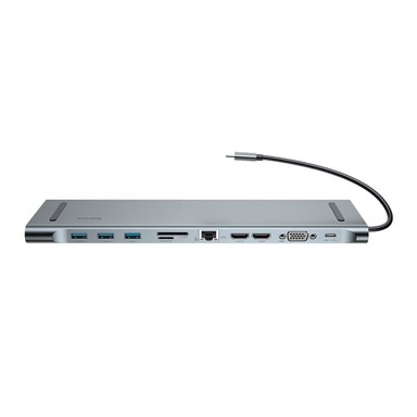 BASEUS Docking stanica CATSX-G0G USB-C, USB-C, 3x USB-C, 1x USB-C PD, 2x HDMI, 1x VGA, 1x ethernet, 1x SD/microSD, sivi