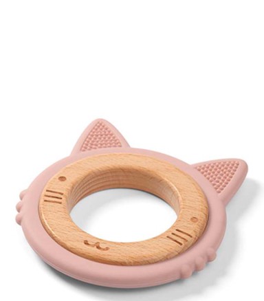 BABYONO Silikonsko drvena grickalica za zube, maca roza