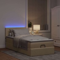 Otoman krevet s madracem i LED 90 x 200 cm tkanina, blok s kvadratima, krem
