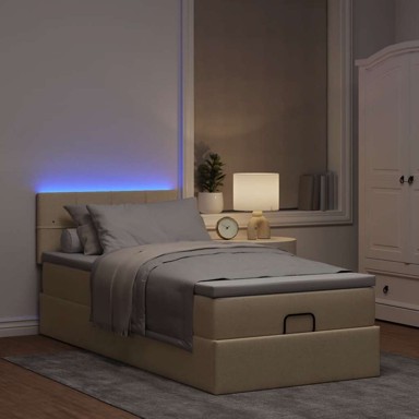 Otoman krevet s madracem i LED 90 x 200 cm tkanina, blok s kvadratima, krem