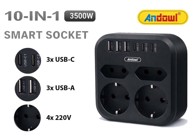 ANDOWL Razdjelnik, 4 utičnice 220 V, 6 USB priključaka, 3500 W