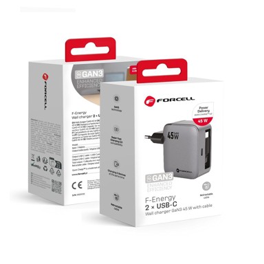FORCELL Punjač F-Energy, GaN3, Super brzi, zidni, 45W, USB-C + USB-C kabel