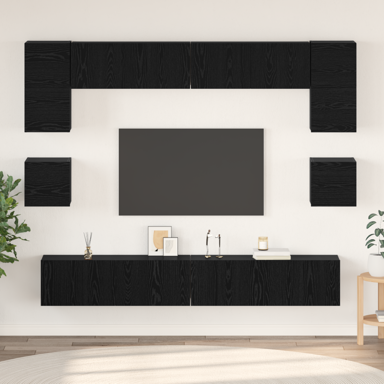 Set TV komoda, s policom, s pohranom, s vratima, 8 kom, 100 x 30 x 30 cm, drvo, crni hrast