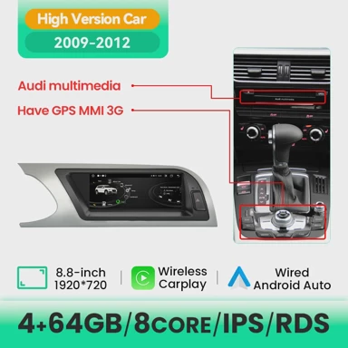 Autoradio uređaj, Android 13 bežični CarPlay za Audi A4 (2009–2016), MMI 3G, 4GB/64GB, 09–12