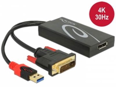 DELOCK Adapter DVI-I 24+1 (M) na DisplayPort (Ž) + USB-A (M) napajanje, 4K, crni