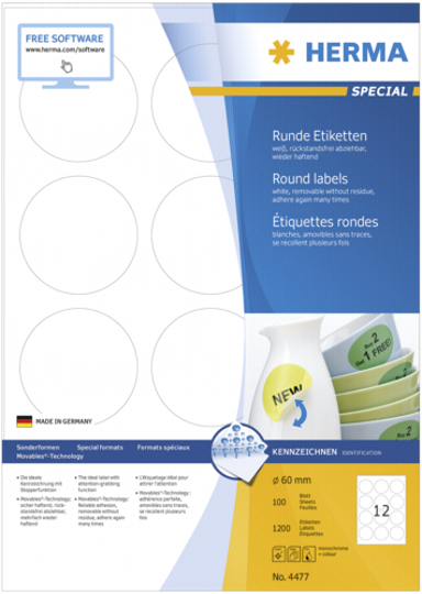 HERMA Okrugle naljepnice 60 DIN A4 1200 pcs. 4477, 100 kom.