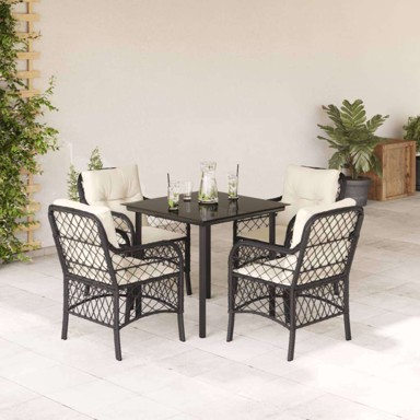 5-dijelni vrtni blagovaonski set s jastucima od poli-ratana, dužina stola 80 cm, okrugla noga, crni
