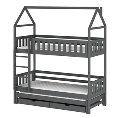 Drveni dječji krevet na kat Iga s tri kreveta i ladicom, 200 x 90 cm, grafit