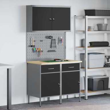 Set radnog ormarića i ploče s vijkom 5 kom MDF i metal, crni