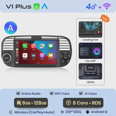 Auto radio za FIAT 500 500c 2007, 2015, multimedijalna GPS navigacija, Android 12, V1PLus, 6GB, 128GB