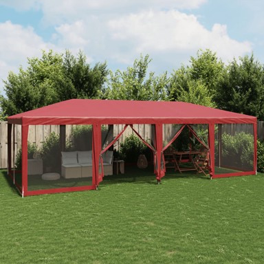 Šator za zabave s 12 mrežastih bočnih zidova crveni 8x4 m HDPE