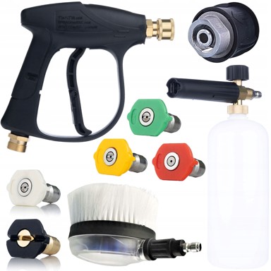 ROSFIX Set za visokotlačni čistač, pjenilica 1 L, pištolj 300 bar, 5 QC mlaznica, rotirajuća četka, kompatibilno s Parkside, Lavor i Kärcher HD