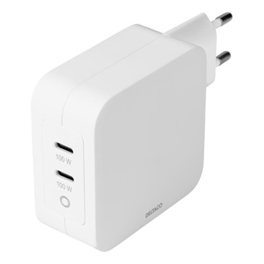 DELTACO Zidni punjač USB-C, GaN, 2x USB-C PD, ukupno 100 W
