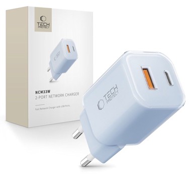 TECH-PROTECT Brzi zidni punjač PD33W, 33W, QC3.0 USB + Tip C, plavi