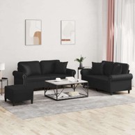 3-dijelni set sofa od umjetne kože s jastucima i tabureom, crna