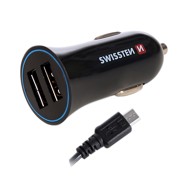 SWISSTEN Auto punjač 2xUSB 2.4A, crni + Micro USB